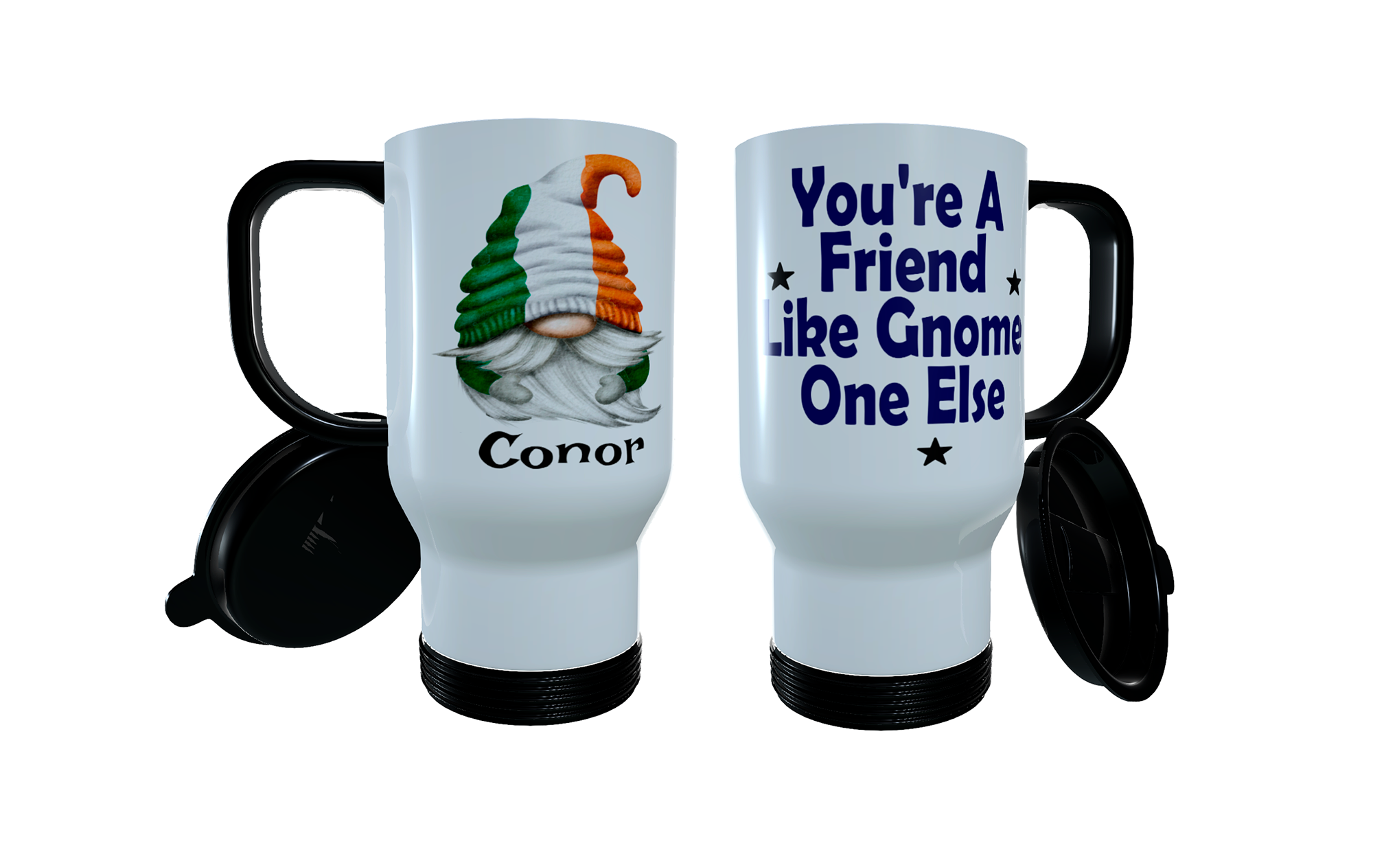 Patriotic Gnome Travel Mug, Irish Gnome, Clover Leaf Coffee Mug - Click Image to Close